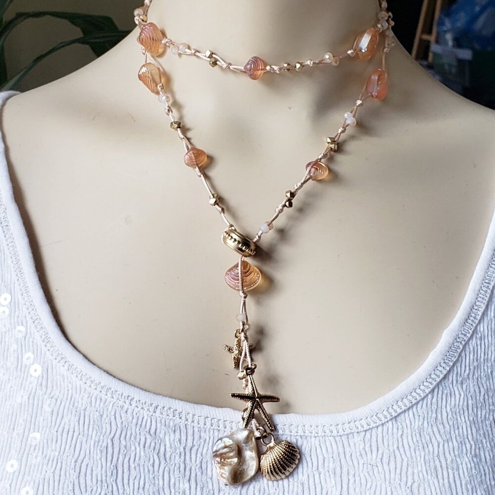 Starfish Glass Shell Coral Beach Sea life Woven Rope Y Lariat Long Necklace